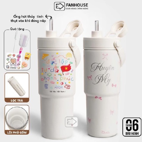 Ly Giữ Nhiệt Simply Inox 316 Phủ Sứ 735ml Ống Hút Thủy Tinh